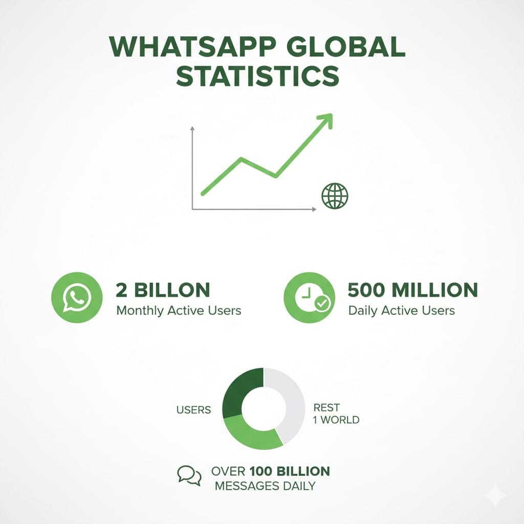 אינפוגרפיקה של סטטיסטיקות וואטסאפ גלובליות - 2 מיליארד משתמשים חודשיים, 500 מיליון משתמשים יומיים, מעל 100 מיליארד הודעות יומיות, גרף צמיחה וגלובוס