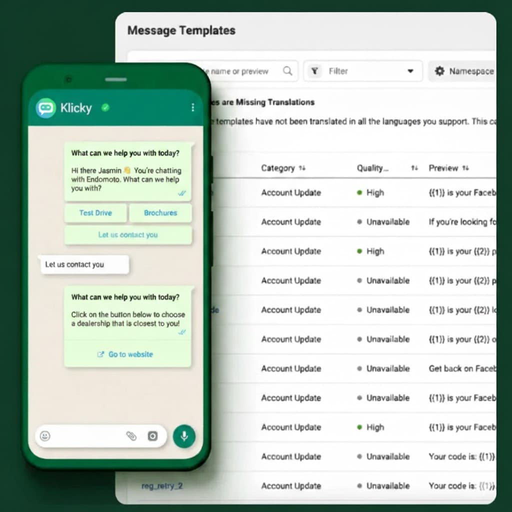 ממשק ניהול תבניות הודעות וואטסאפ ביזנס - תצוגה של לוח בקרה לניהול תבניות הודעות ותצוגה מקדימה של הודעות אוטומטיות עם כפתורים אינטראקטיביים בצ'אט וואטסאפ