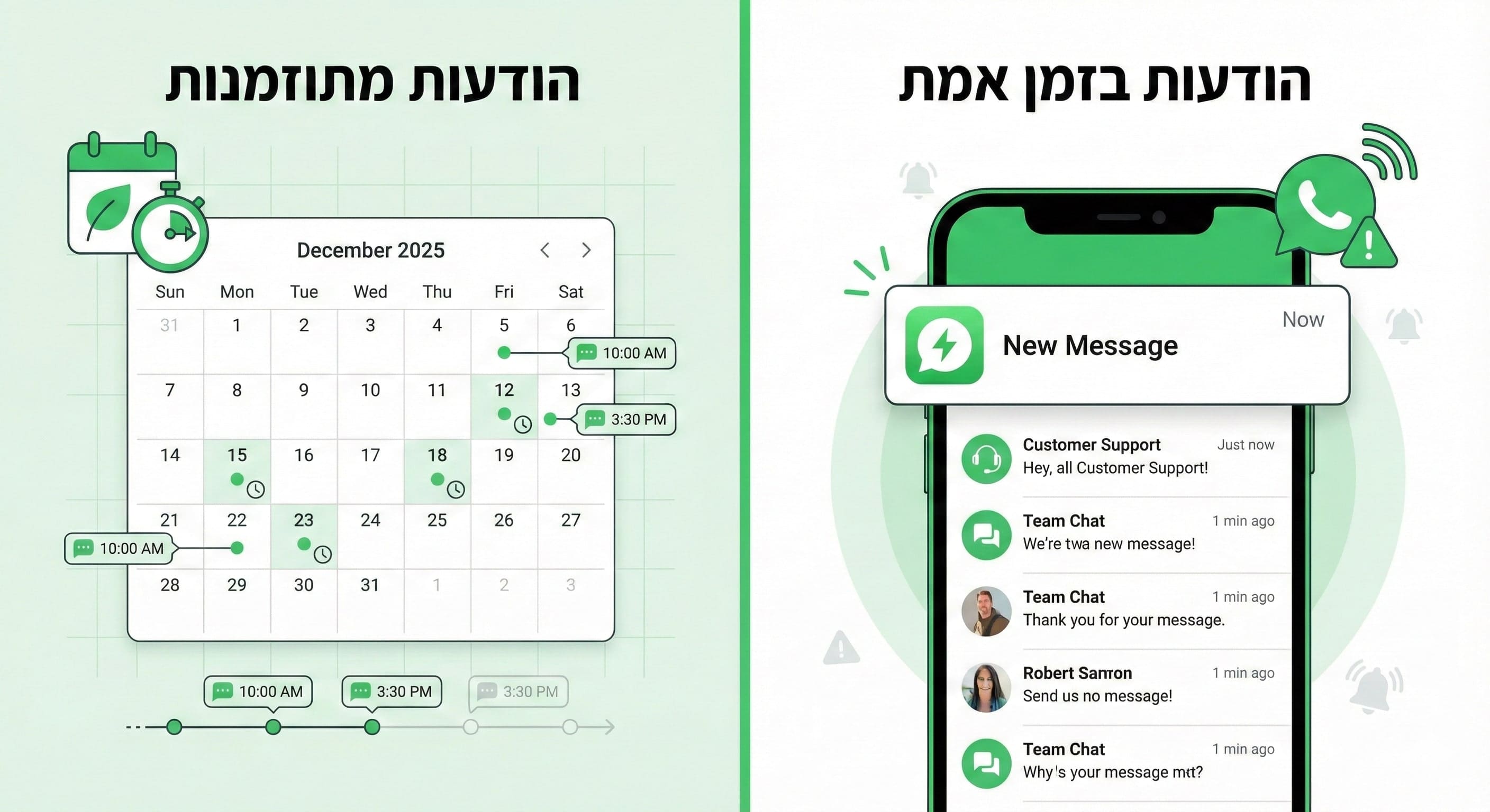 השוואה בין הודעות מתוזמנות להודעות בזמן אמת בוואטסאפ